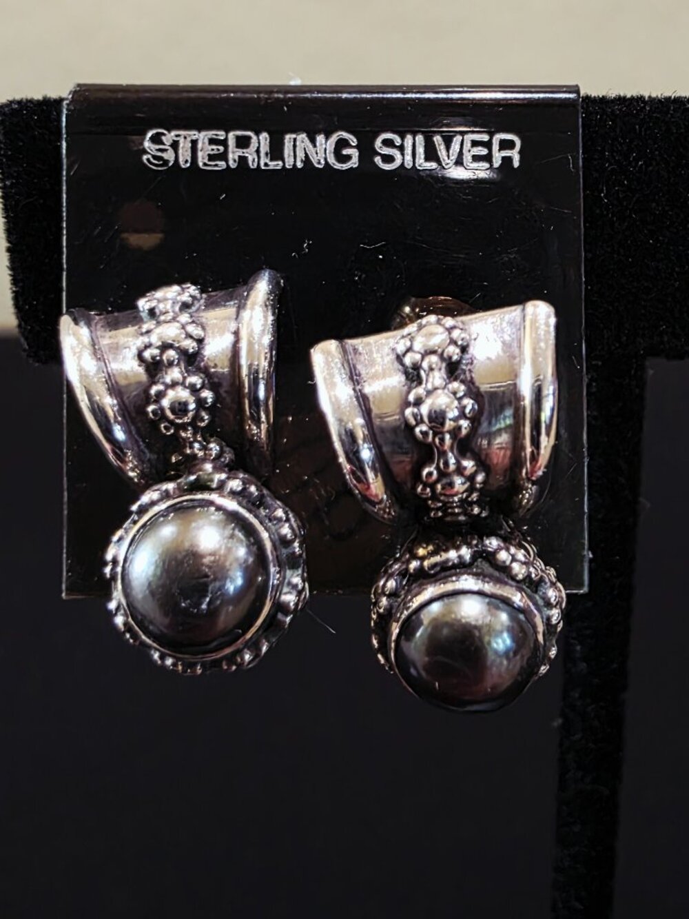 Vintage Sterling Silver 925 Black Pearl Etruscan Revival Stud Pierced Earrings